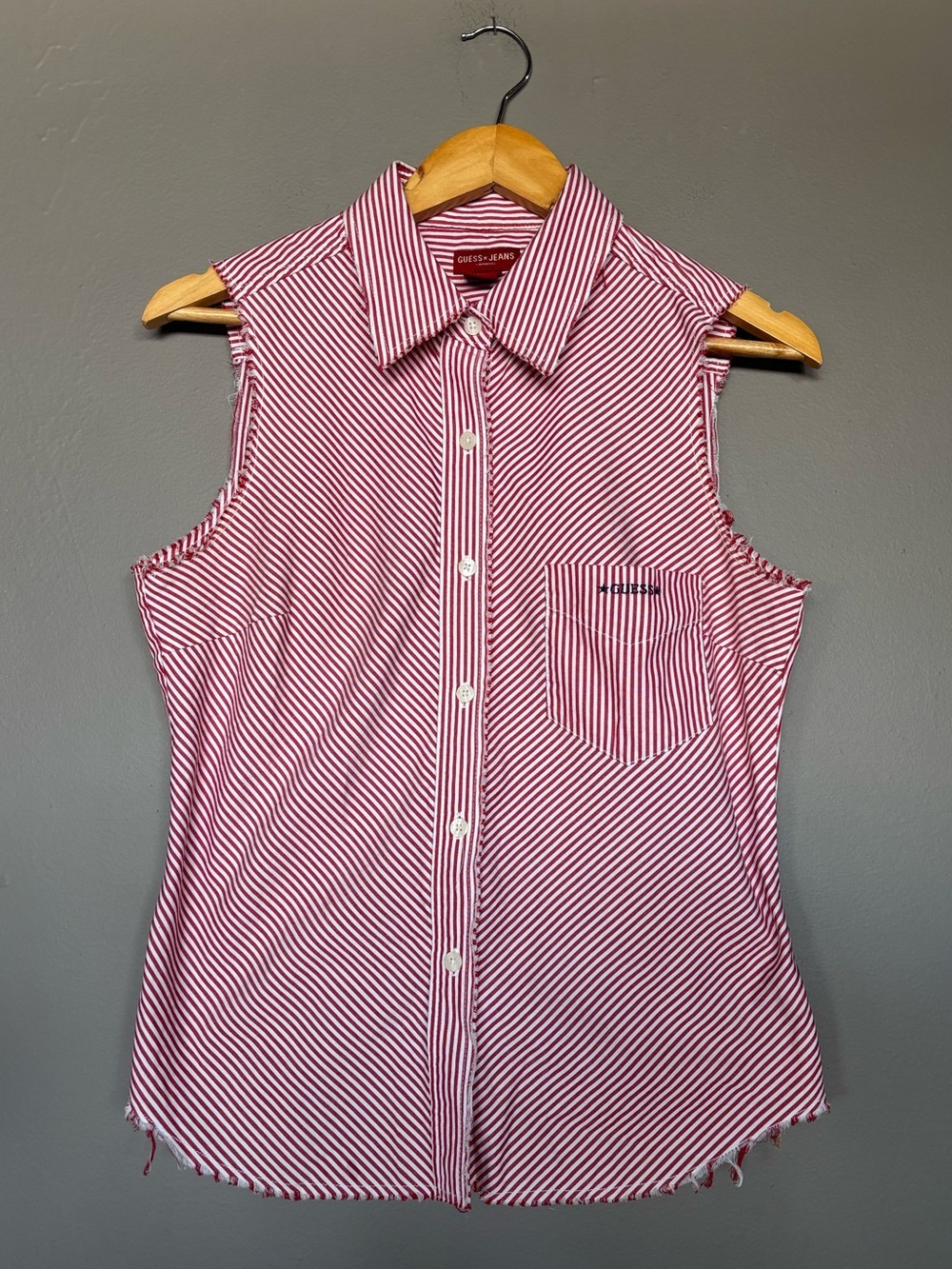 Guess Sleeveless Red and White Diagonal Stripe Button-Down Shirt